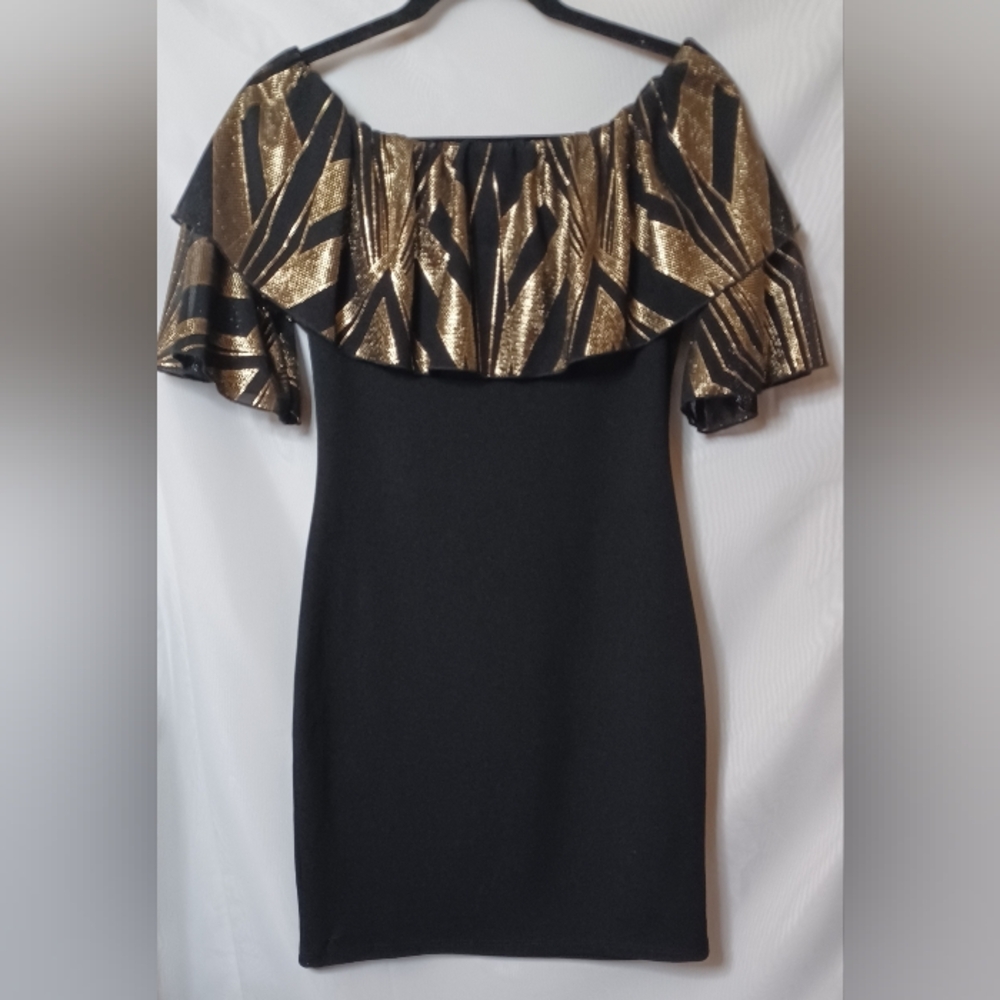 Freesia Women's Black and Gold Ruffle Elastic Neck Bodycon Mini Dress. Size M - Picture 5 of 8
